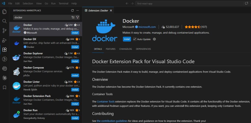 Visual Studio Code Extensions Docker